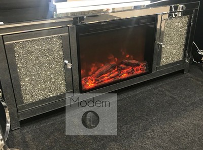 Mirrored And Crushed Diamond Tv Unit With Built In Fireplace