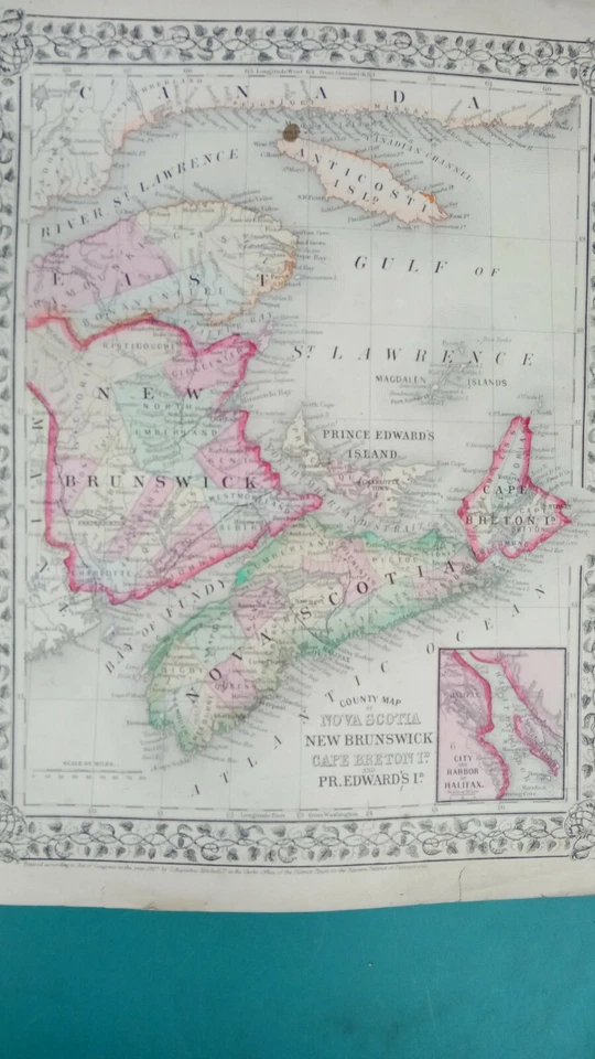 Mapa antiguo de las Marítimas Canadienses de 1867 Nuevo Brunswick Nueva Escocia coloreado a mano Foto 2 de 4