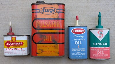 Lock Ease Fluid Shell Surge Pulsator Oil Advertising Antique Vintage Tin Can Lot