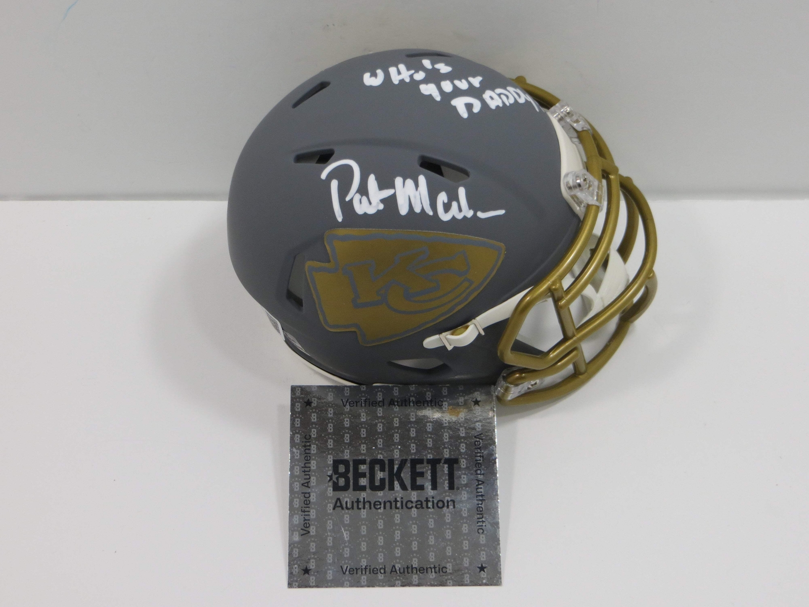 PAT PATRICK MAHOMES SR. KANSAS CITY CHIEFS SIGNED SLATE HELMET w/INSC BAS 