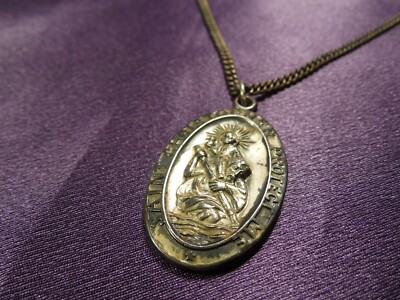 Large Vintage Sterling Silver Saint Christopher ''Protect Me'' Pendant Necklace
