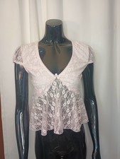 Womens Y2K Fairy Lace Babydoll Top Medium Pink Sheer Bow Coquette Dainty Kawaii