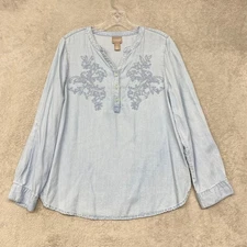 Chicos Blue Denim Embroidered Long Sleeve Tunic Top Women Medium Size 1