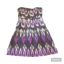 Banana Republic Strapless Ikat Print Dress in Purple, Black, Cream.