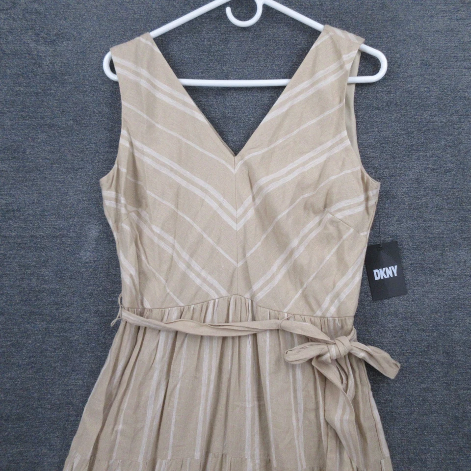 DKNY Dress Womens 6 Linen Blend Striped Layered Maxi Dress Tan Belted Sleeveless - Image 2 of 4