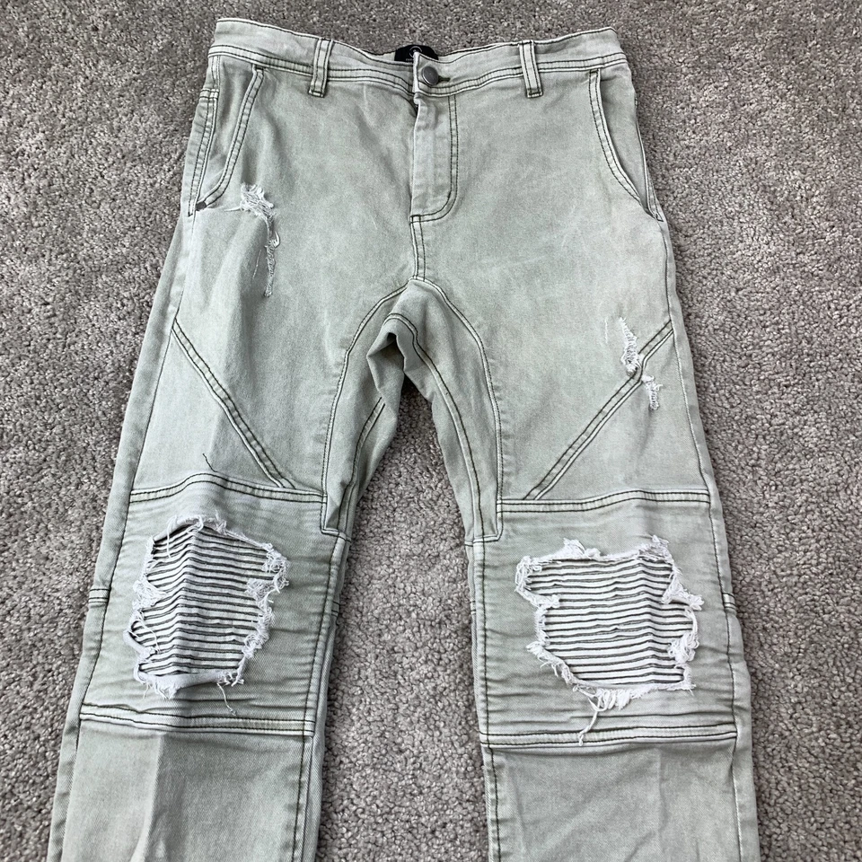 Pantalones de mezclilla ajustados de algodón para hombre 30 caqui verde bolsillo desgastado Foto 2 de 4