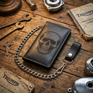 Skull Porte-monnaie longue en cuir véritable avec chaîne RFID Blocage 7" Portefeuille