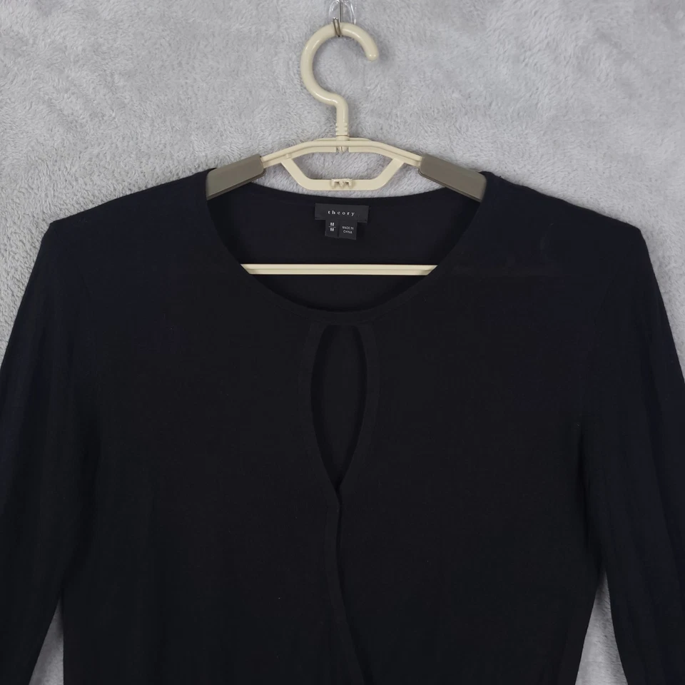 Theory Top Knit Blouse Women Black Sz M Long Sleeve Silk Blend Faux Wrap Keyhole - Image 3 of 4