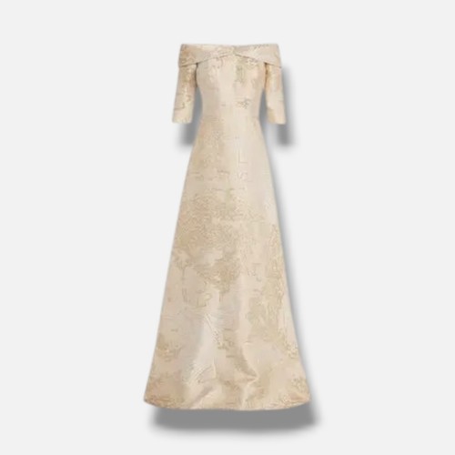 Rickie Freeman for Teri Jon Women's Gold Metallic Jacquard Gown Dress Size 8