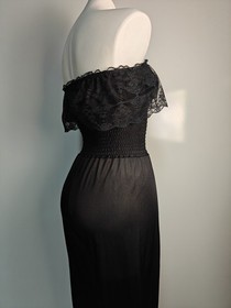 Vintage Small Black Nylon Strapless Harem Jumpsuit Smocked Bodice Lace Trim EVC