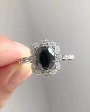 3Ct Oval Cut Black Onyx Lab Created Diamond Halo 14K White Gold FN Wedding Ring