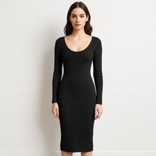 🌻French Connection Black Tommy Ribbed Long Sleeve Midi Slit dress Size M