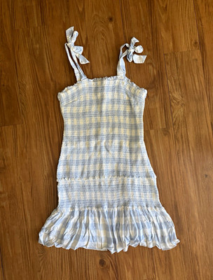 Sincerely Jules Blue/White Gingham Smocked Mini Dress Square Neck Straps M