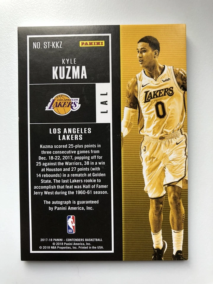 2017-18 Contenders "KYLE KUZMA" 新秀红箔(比赛门票)亲笔签名 17/25 — 第 2/2 张图片