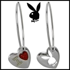 Pendientes de aro Playboy I Love Bunny dije corazón plata platino esmalte NUEVO