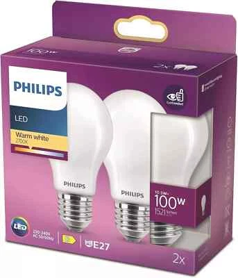 Philips LED Premium Classic A60 Frosted Light Bulb 2 Pack [E27 Edison Screw]