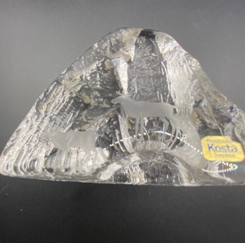 Vintage Kosta Boda Iceberg Sculpture Etched Deer Grazing Signed Paul Hoff