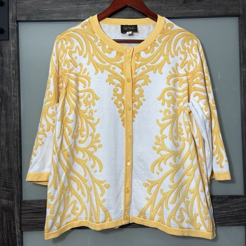 Bob Mackie Wearable Art 100% Cotton Boho White & Yellow Cardigan 3/4 Sleeves 1X - 第 1/12 張圖片