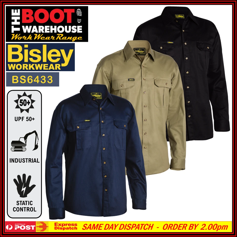 Bisley Men's Work Shirt BS6433 Original Cotton Drill - Long Sleeve. LARGE SIZES!