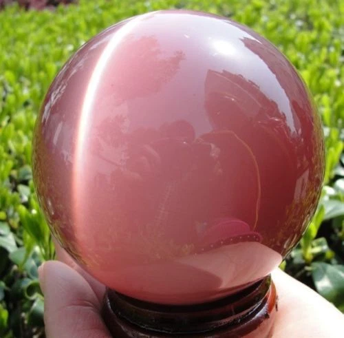 VERY BEAUTIFUL ASIAN QUARTZ PINK CAT EYE CRYSTAL BALL SPHERE 80MM + STAND AA - Picture 4 of 4