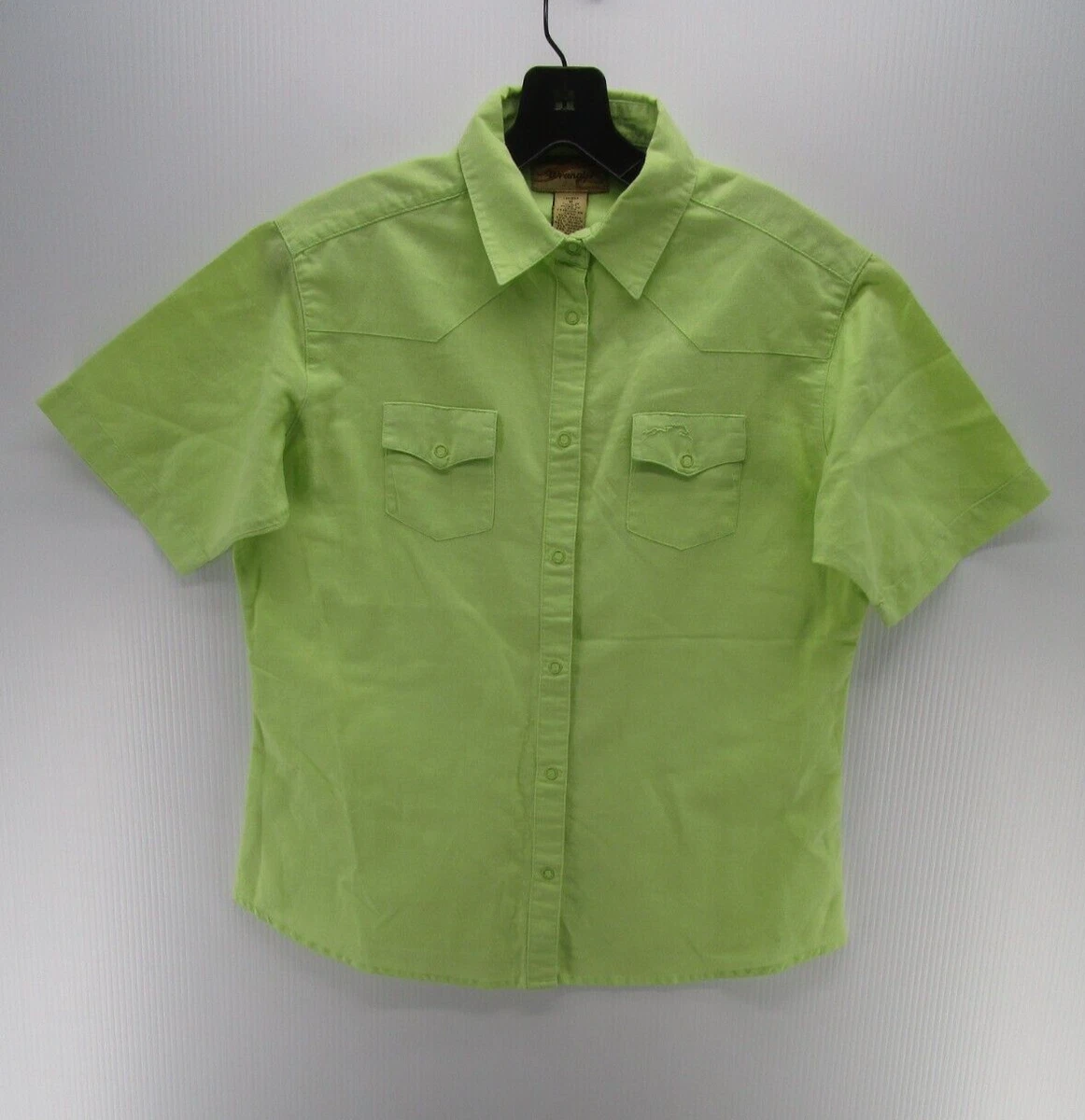 Wrangler Shirt Women Medium Green Snap Up Western Flap Pockets Cowgirl Neon