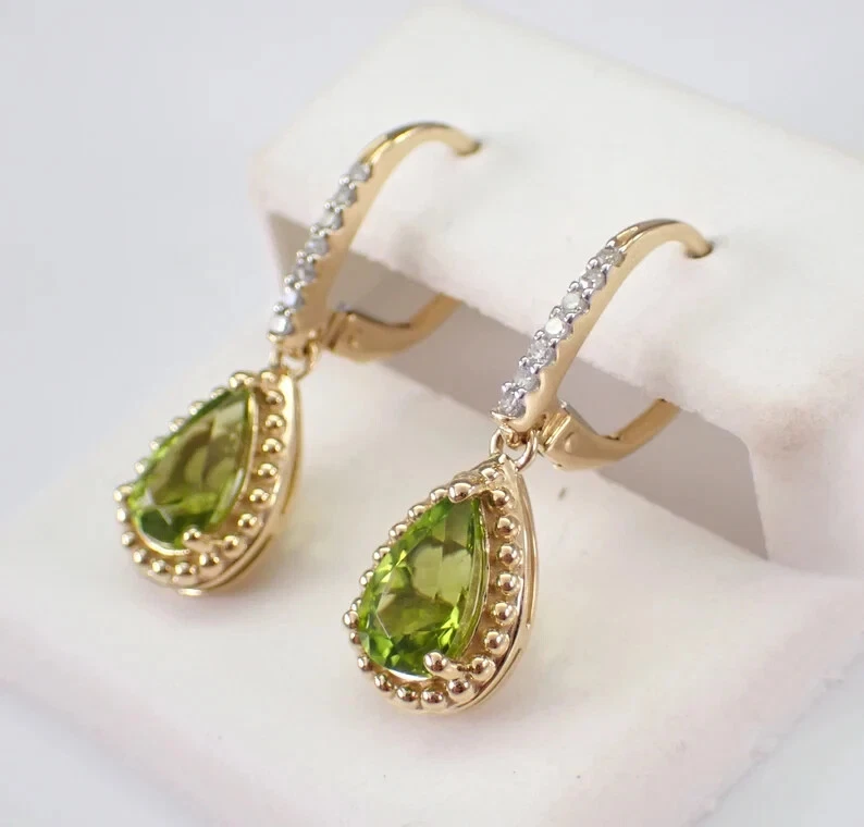 2Ct Pear Cut Lab-Created Green Peridot Teardrop Earrings 14K Yellow Gold Plated - Image 3 of 4