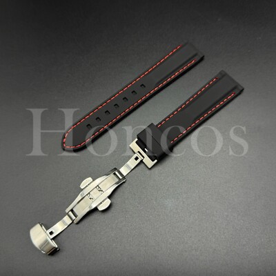 22 24 26 MM Rubber Strap Red Stitching Lined Deployment Clasp Fits Panerai SUB