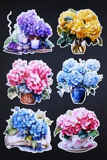 Beautiful DIE CUT CARD TOPPERS Vases of  Hydrangeas Pink Blue Mauve Blue Flowers