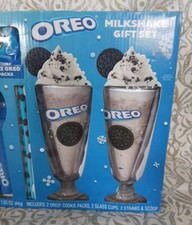 Oreo Milkshake Gift Set 2 Glass Cups, Scoop, 2 Straws & Cookies New