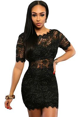 Besticktes Kleid Klarer Ausschnitt Nude Mini Embroidered Lace Club Party Dress M