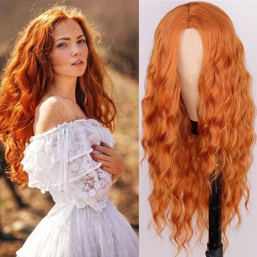 Women Cosplay Orange Long Curly Wavy Hair Cosplay Full Wig Party Gift