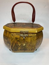 Vintage Anton Pieck Decoupage Wood Octagonal Box Purse Lucite Handle