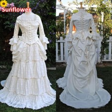 White Renaissance Medieval Wedding Dresses Tiered Lace Ruffle Satin Bridal Gowns