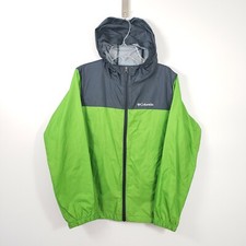 Columbia Size L Youth 14-16 Neon Green Grey Rain Wind Hooded Jacket Zip Pockets