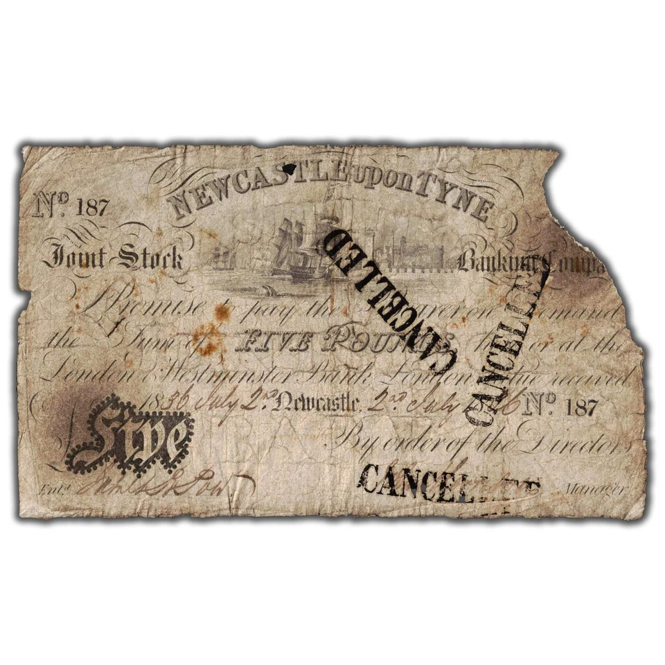 Great Britain 1836 Newcastle upon Tyne 5 Pounds Cancelled Note - Missing Corner - Image 2 of 3