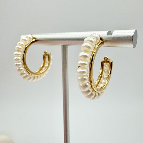 14K Yellow Gold Pearl Hoop Earrings Chic Bridal Wedding Stamped Tested 5.94 g - Picture 12 of 24