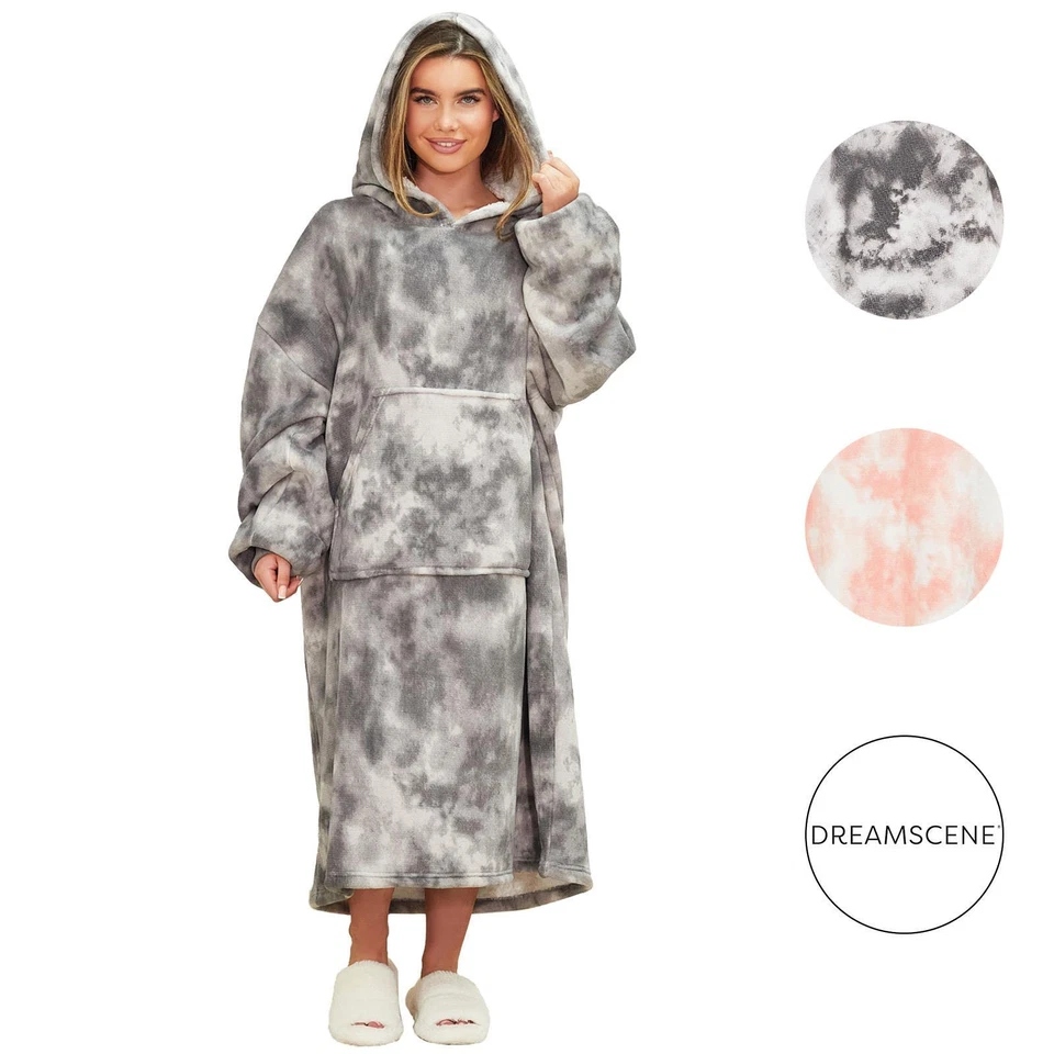 Dreamscene Extra Long Tie-Dye Print Fleece Oversized Wearable Hoodie Blanket