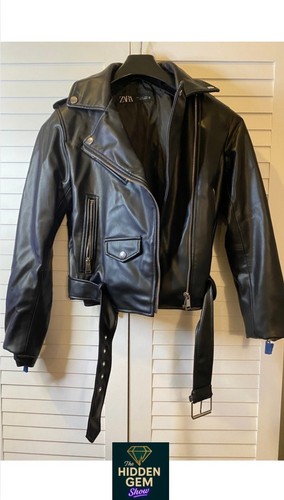 Zara Women's Biker Jacket Medium Black Faux Leather Moto Style - CJ