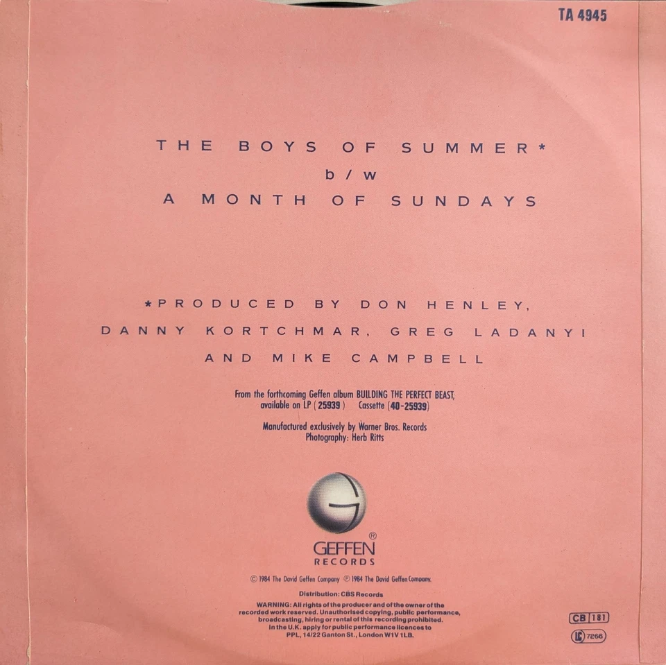 Don Henley The Boys Of Summer Vinyl Record VG/VG TA4945 1984 Foto 2 de 2