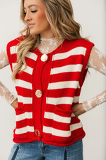 Women's bold awning red Stripe Knitted Vest sleeveless Cardigan gold Buttons NWT