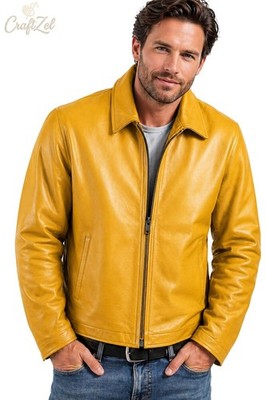 Men's Yellow Leather Jacket 100% Genuine Lamsbkin Leather Causal Coat Jacket