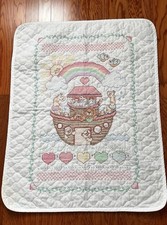 Completed Bucilla Noah  s Ark Stamped Cross Stitch Baby Quilt Crib Cover 33x43"