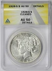 1928-S Peace Dollar $1 AU 50 Details Cleaned ANACS