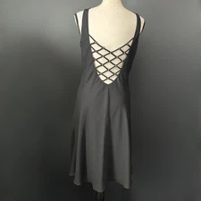 Vintage Y 2k 90s Lattice Back Black Slip Dress Mini Backless Rhinestone Gothic