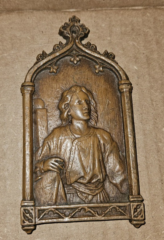 Vintage Burwood religious wall plaque depicts Saint Anthony with a praying child