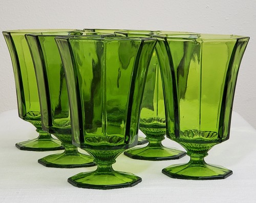 5 Vintage OCTAGONAL Independence GREEN FOOTED ICED TEA GLASS Goblets EUC!