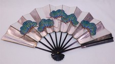 Vintage Sensu Dancer's Fan Hand-Painted Pine Needles Double-Sided 10.5"