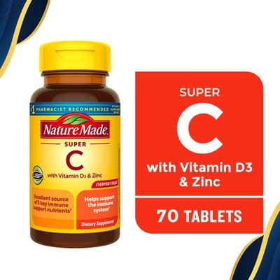 Super C with Vitamin D3 and Zinc Tablets Dietary Supplement 70 Count