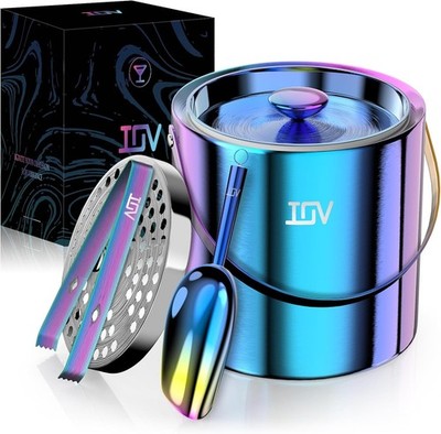 Ice Bucket with Lid, Scoop, Tongs, and Strainer, 3 L Stainless Steel Double Wall