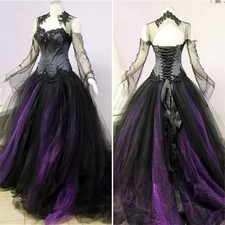 Gillter Gothic Wedding Dresses Black Purple Medieval Long Lace-up Bridal Gowns